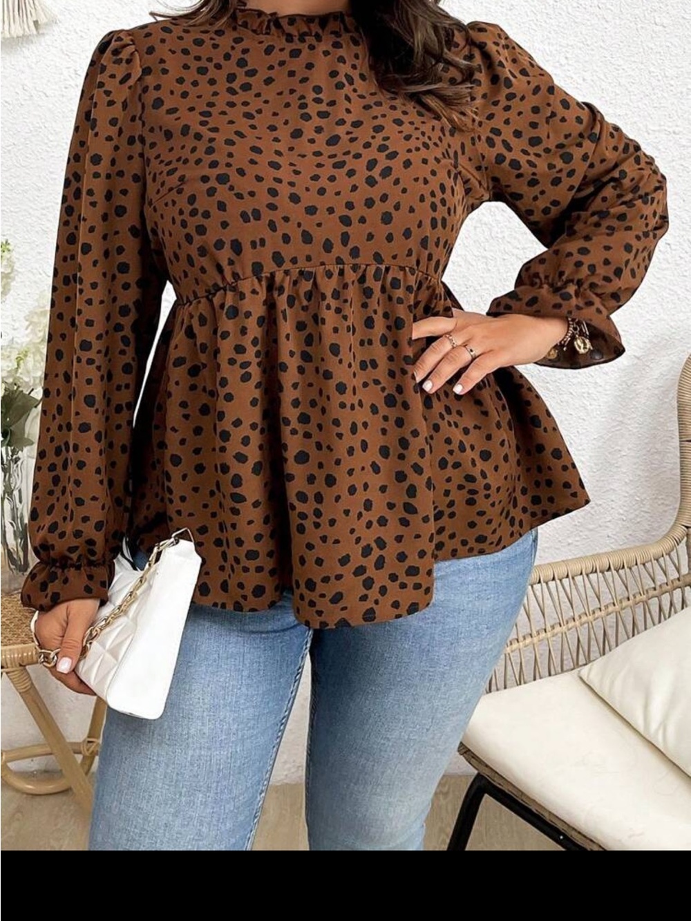 SHEIN Brown Spot Print Peplum Long Sleeve Blouse